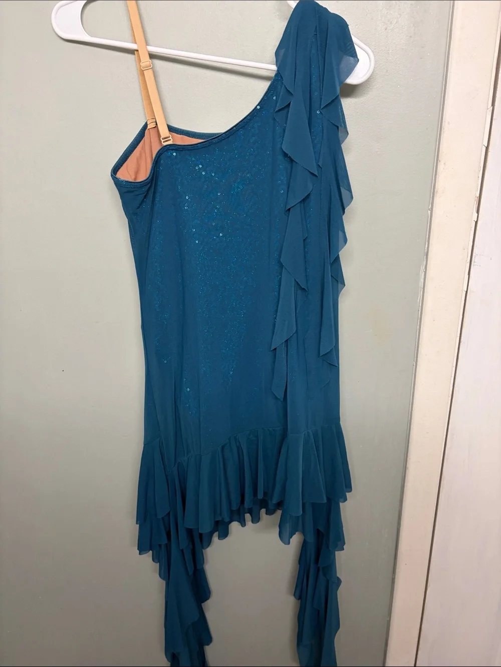 Girls Teal One-Shoulder Ruffle Dance Costume
